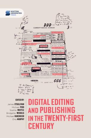 The front cover of Digital editing and publishing in the twenty-first century. The SUP logo is displayed in the top left corner. The main image is of a screen-print called Examining the Archive by artist Elize de Beer on a beige background. 