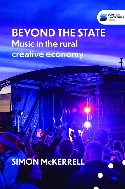 ‘The cover for Beyond the state features a photograph taken at the Tiree Music Festival, looking through the crowd toward the stage at sunset, with warm oranges and purples filling the sky.’